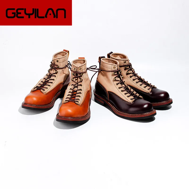 

Men Spring Winter Casual Shoes Round Toe Genuine Leather Work Ankle Boots Goodyear-Welted Vintage Military Motorcycle Boots New