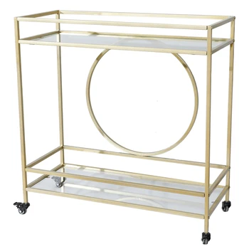 

International Lux Bar Serving Cart Dining Car Storage Rack 2-Layer Gold Metal Frame Glass Top Shelf 90.3x40x94.4CM[US-Stock]