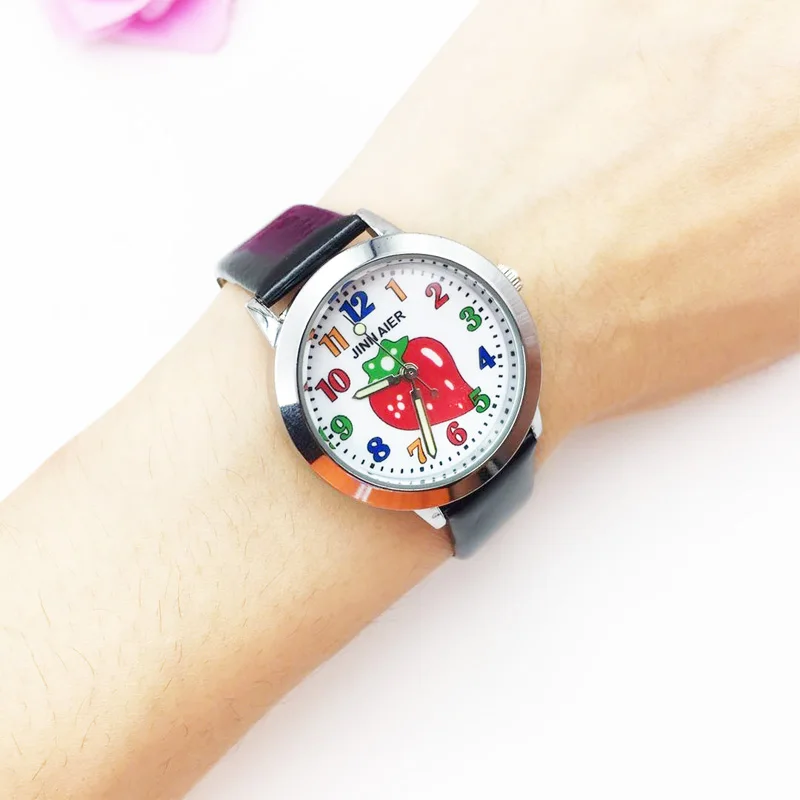 hot fashion cartoon watch for kids jelly leather strap girl's quartz watch boy students clock Strawberry pattern drop shipping wholesale colorful number (34)