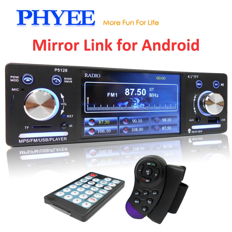 

1 Din Car Radio Mirror Link HD MP5 Player Bluetooth Handsfree Stereo USB TF ISO Steering Wheel Control 4" Head Unit PHYEE 5128BT