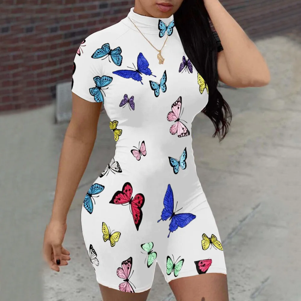 

Women Skinny Bodysuit Jumpsuits Short Sleeve Playsuit Butterfly Print Rompers 2019 Female Turtleneck Fashion Casual Bodysuit D30