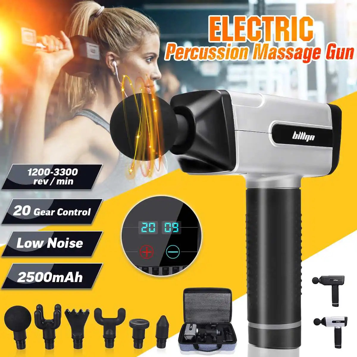 

20 Speed 2500mAh Electric Percussion Massage Gun Deep Body Muscle Vibration Relaxing Therapy Device 6 Heads Electric Massager