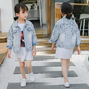 Girls Ripped Denim Jacket 가을 2021 새로운 한국어 수 놓은 어린이의 모든 경기 재킷 어린이 패션 유행 의류