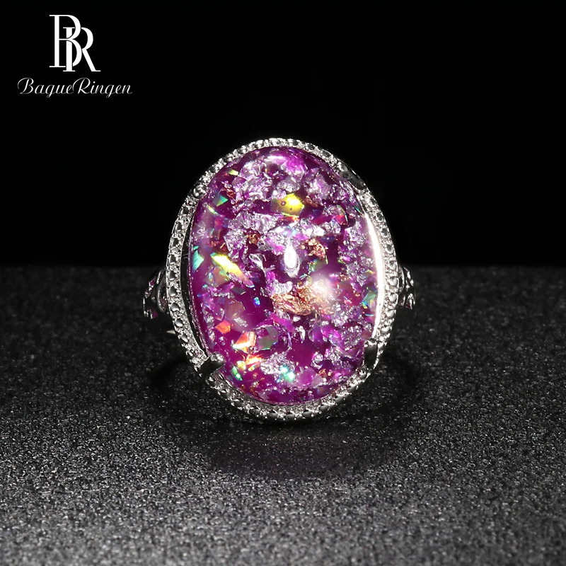 purple Bague Ringen, овальная форма, розовый, фиолетовый, голубой опал, серебро, 925, Ювелирное кольцо с камнями для женщин, аксессуар для женщин, подарок, вечерние - Цвет камня: purple