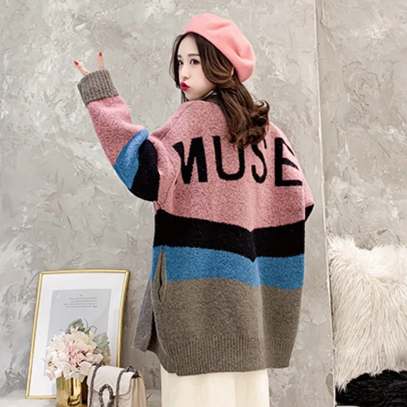 Neploe корейский Crazy style свободный тонкий свитер кардиганы женские средней длины лоскутное письмо Pull Femme вязаное зимнее пальто 46509