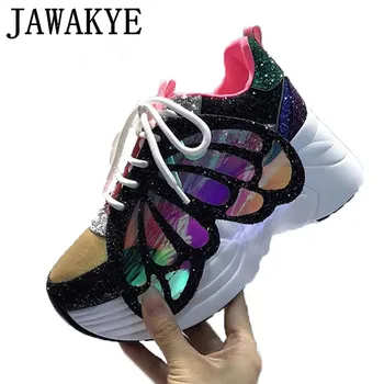 

Bling Bling Butterfly wings Mixed Color flat shoes Women Thick bottom Lace up Casual shoes Exaggerated platform sneakers 2020