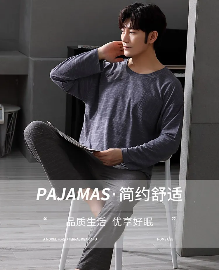 2021 Autumn Long Sleeve Cotton Pajama Set for Men High Quality Loose Sleepwear Suit Pyjama Male Loungewear Homewear Home Clothes mens silk pajamas