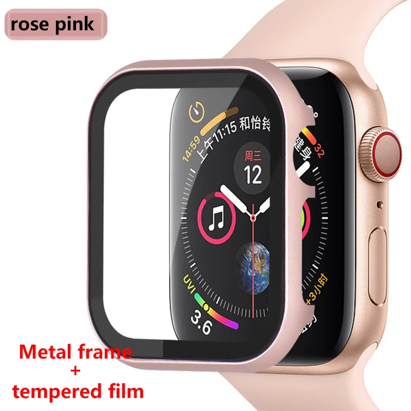rose pink Стекло+ рамка алюминиевый чехол для Apple Watch 5 4 44 мм 40 мм iwatch 3 группа 42 мм 38 мм металлический бампер универсальная защитная рамка для экрана - Цвет ремешка: rose pink