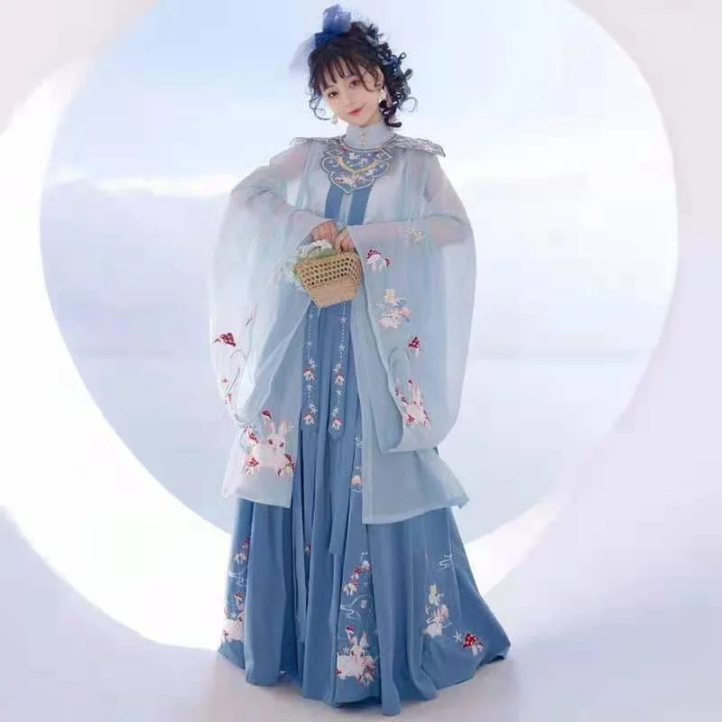 

Traditional Female Hanfu With Clould Shoulder Stand Collar Ancient Folk Dance Dress Embroidery Spring Autumn Performance Costume