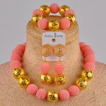 

peach simulated pearl costume necklace african beads jewelry set for women FZZ15