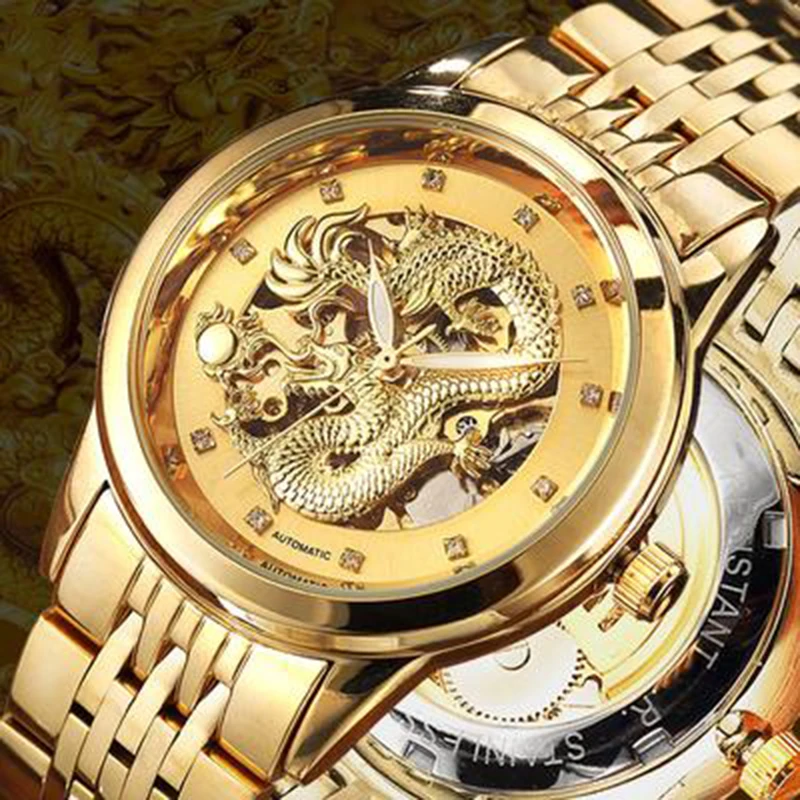 Gold Dragon Watches Men Automatic MECHANICAL Wristwatch Stainless Steel Black Clock Luminous Hands Male Skeleton Reloj Dropship luxury black belts for men leather metal automatic buckle rachat cowskin waistband casual business male straps barry wang