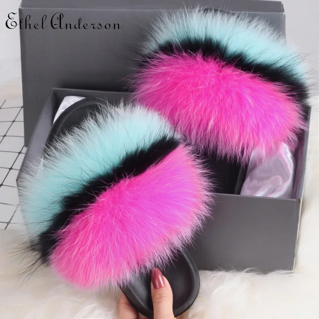 2021 Hot Sale Women Real Fox Fur Slippers Multi-color Summer Fashion Slides Casual Female Furry Shoes As picture