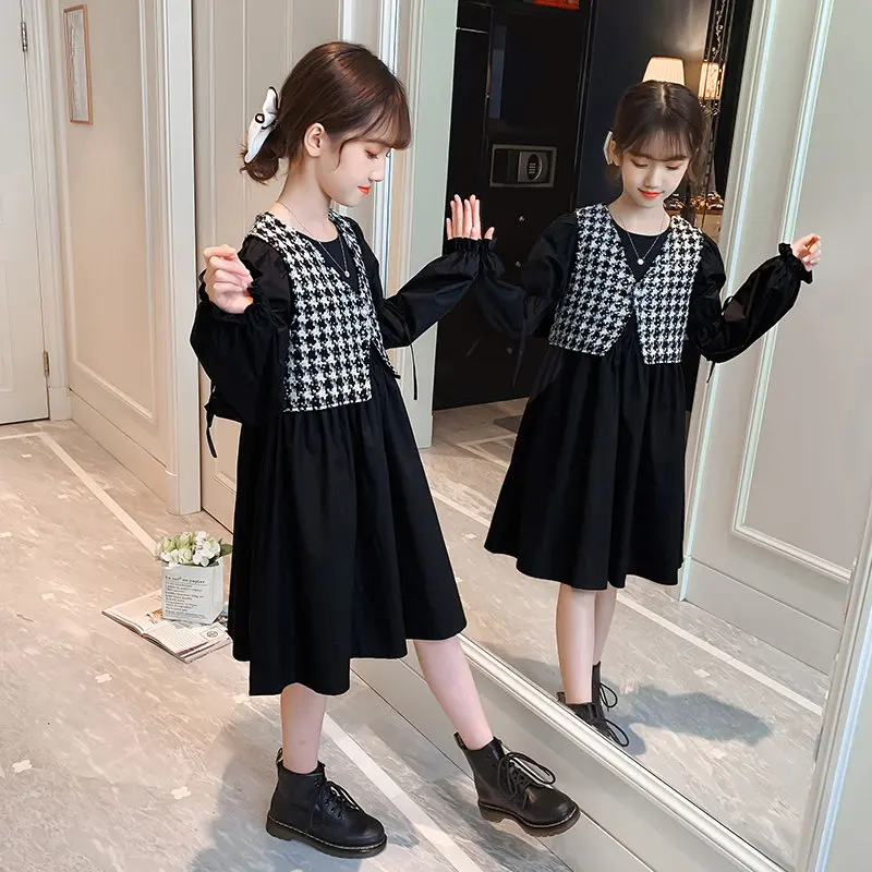 

2023 Fashion Baby Girls Princess Clothing Sets Vest + Black Dress Spring Autumn Teen Girls Long Sleeve Vintage Children Clothes