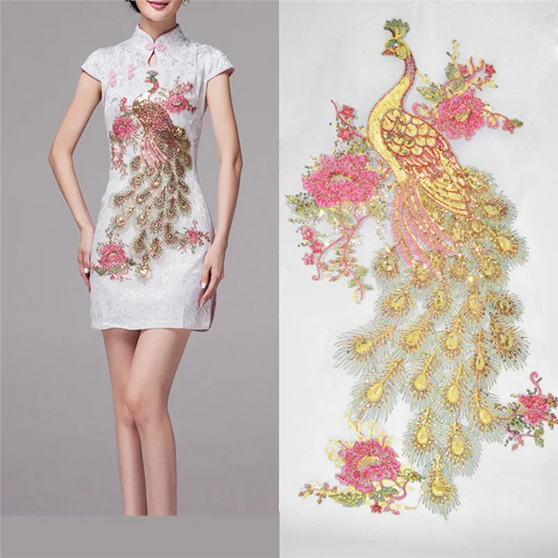 

Blossom Peacock Applique Clothing Embroidery Patch Sticker Iron Sew Cloth DIY Stitching Patchs Sequin Glitter Style #B5