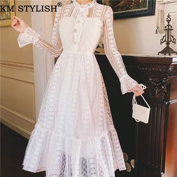 

Women's Clothings Long Dress vestidos 2020 New Spring White Stitched Lace Long Flare Sleeve Gown One-piece Full Dress