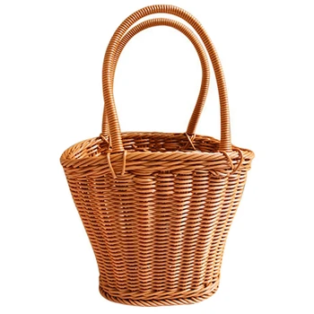 

Promotion! Idyllic Style Storage Basket Imitation Rattan Portable Gift Basket Rattan Flower Basket Picnic Basket