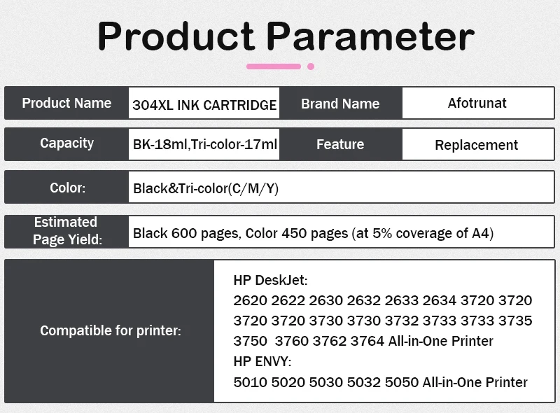 Afotrunat Compatible ink cartridge for HP 304 304XL HP DeskJet 2620 2625 2630 2635 3700 3720 3730 3735 3755 Envy 5010 5010 5020 5055