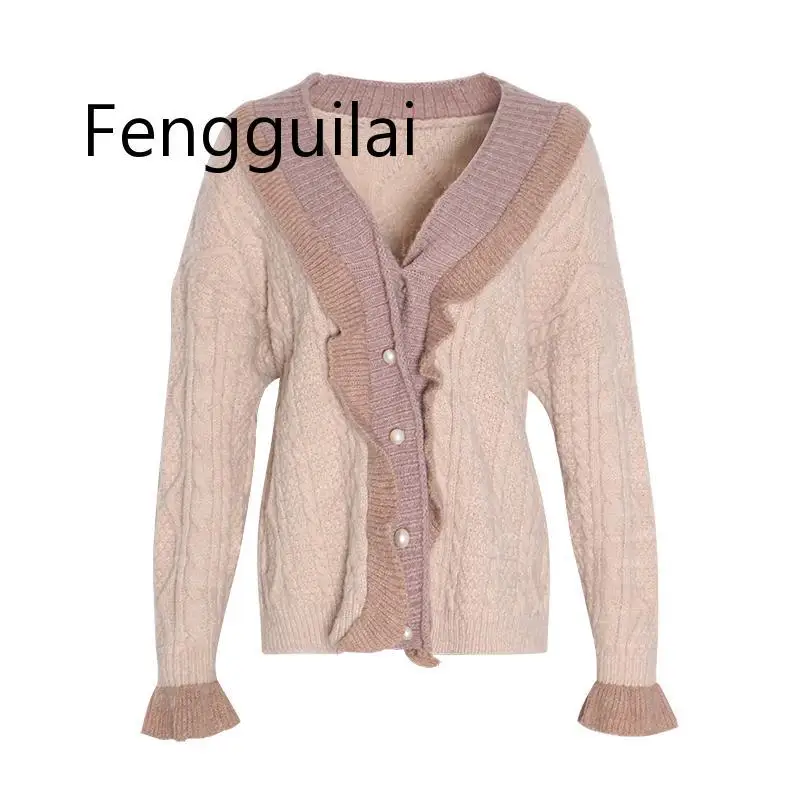 FENGGUILAI Korean Cardigan Sweater For Women V Neck Flare Sleeve Loose Ruffles Hit Color Sweaters Coats Female Fashion New Autum