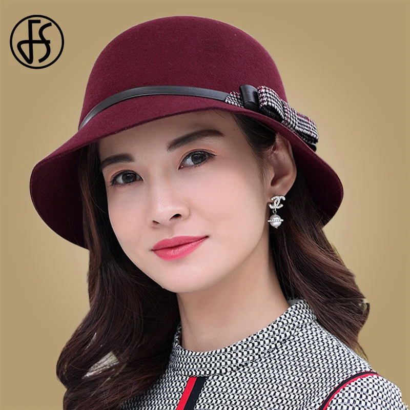 Wine Red FS Женская шерстяная шляпа-Клош, одноцветная черная красная фетровая шляпа, винтажная черная винная красная Панама для женщин, фетровая шляпа-котелок - Цвет: Wine Red