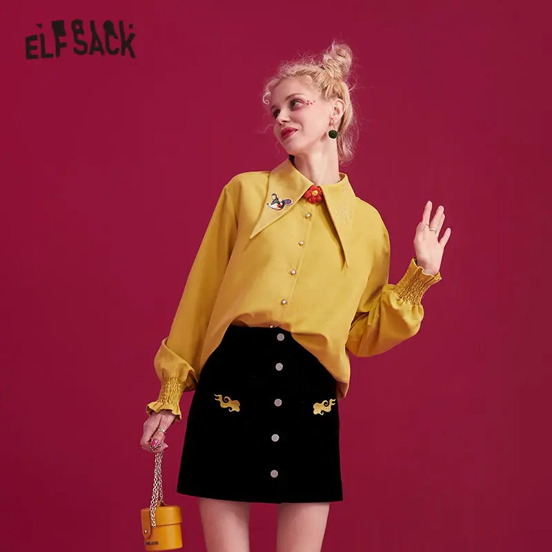 ELFSACK Повседневная Блузка с принтом желтой мыши, женская одежда, элегантные женские топы с вышитыми зелеными буквами и оборками на рукавах
