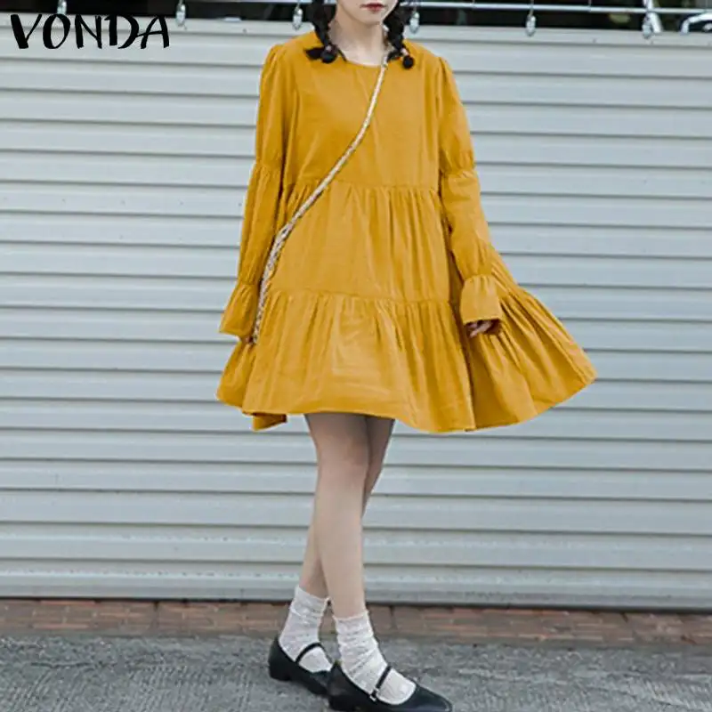 

2020 Cotton Linen Mini Dress Loose Pleated Dress Beach Bohemian Sundress Women Autumn Dresses VONDA Elegant Long Sleeve Vestidos