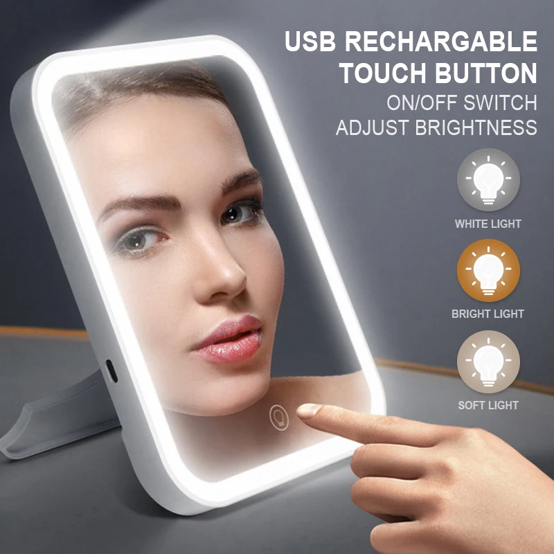 Makeup Mirror LED Folding Portable Desktop Mirrors With 3 Lights Adjustable Touch Screen Illuminated USB Charging Table | Красота и