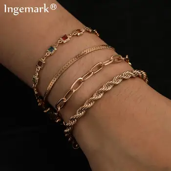 

Punk Rainbow Rhinestones Smooth Chain Bracelets Set Women Vintage Boho Twisted Crystal Snake Link Bangle Friends Hand Jewelry