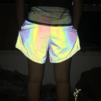 

Chic Reflective Short Laser Holographic Drawstring Wide Leg Black Elastic Waist Fishnet Grid Lining Short Chic Sportswear Shorts