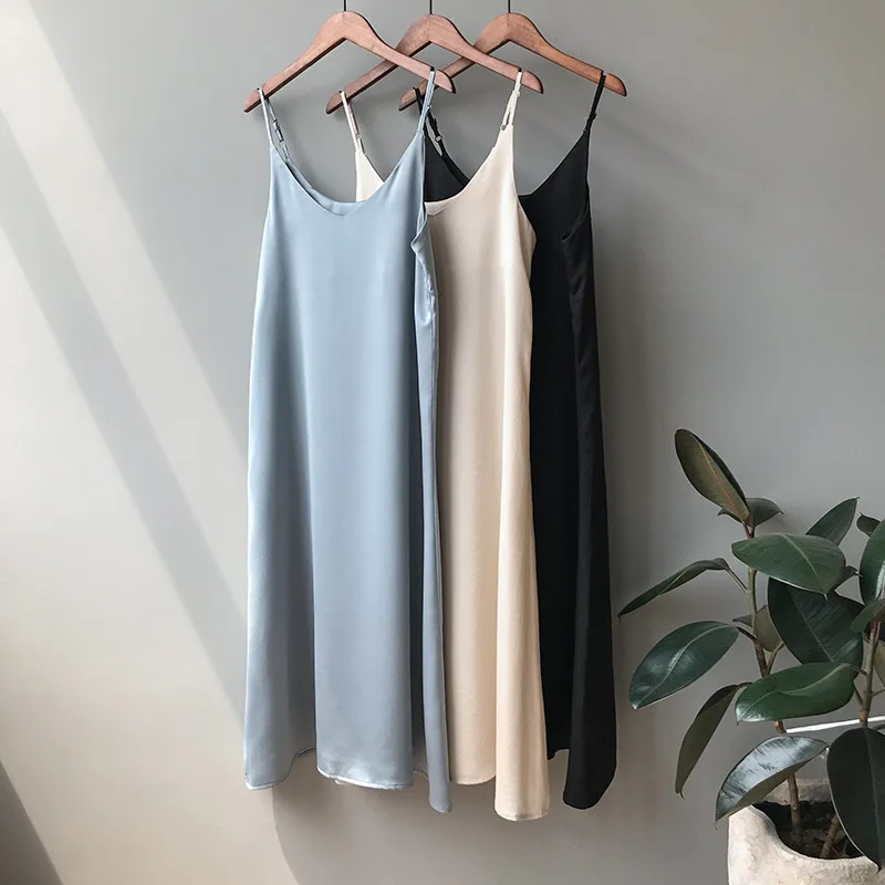 Spring summer 2020 Woman Tank Dress Casual Satin Sexy Camisole Elastic Female Home Beach Dresses v-neck camis sexy dress