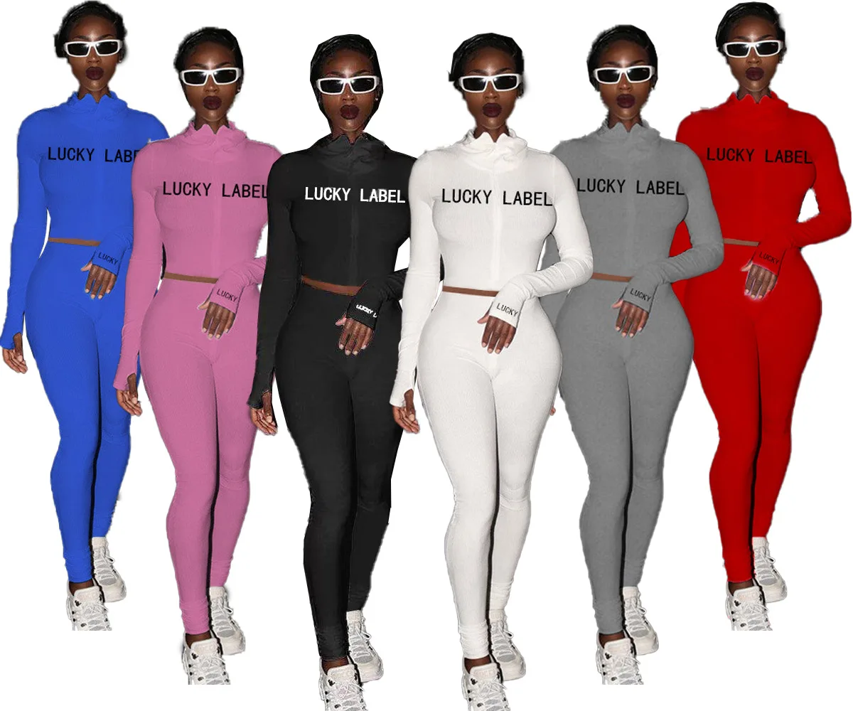 

High elastic letter print Fitness tracksuit woman 2 piece set skinny Long sleeves crop Top slim Leggings Sportswear Suit
