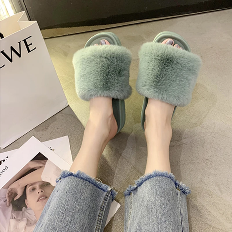 

Шлепанцы женские с искусственным мехом, дизайнерские сандалии на платформе, открытый носок, зимняя повседневная обувь, сланцы, шампанское, бабочка