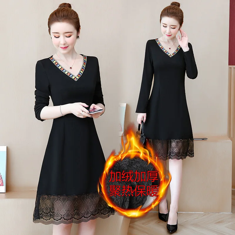 

2020 Spring New Style WOMEN'S Dress Brushed And Thick Warm Ethnic-Style Joint Lace V-neck Large Size Dress