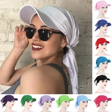 1PC Women Durag Brim Cap Sun Visor with Pre-Tied Turban Caps Head Scarf Hijab Pure Color Muslim Beach Vacation Fashion Outdoor