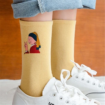 

Korean Style Girl avatar Print Harajuku Kawaii Women Socks Design Cute Socks Abstract Oil Painting Art Creative Sokken
