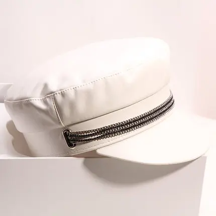 H275 женская шляпа на плоской подошве в стиле милитари женская осенне-зимняя Ретро однотонная искусственная кожа темно-синяя кепка с цепочкой Модные Повседневные шапки