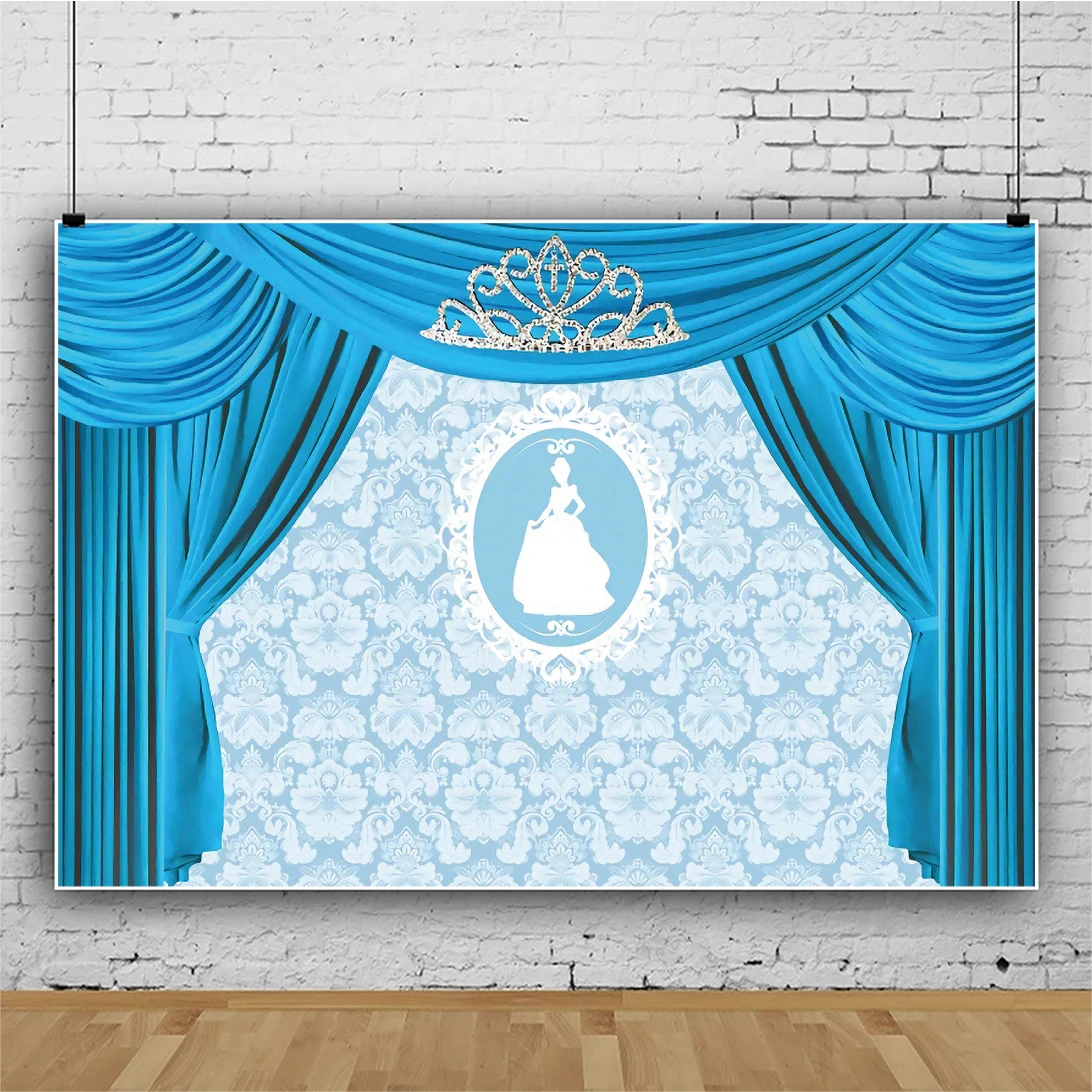 Blue Drapery Curtain Silver Crown Photography Backdrop Princess Girl Birthday Party Decor Cake Background Banner Photo Booth | Электроника