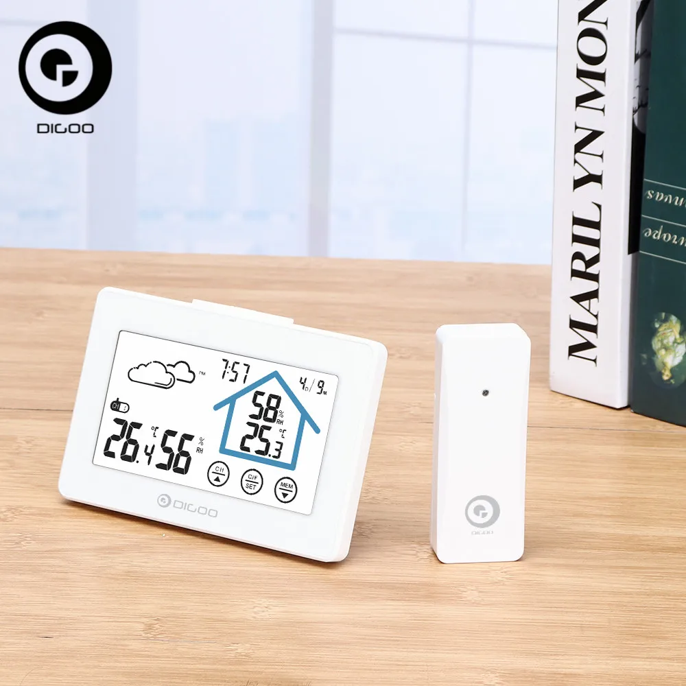 

DIGOO DG-TH8380 Touch Screen Weather Station Daily Clock Low Battery Alarm Thermometer Hygrometer Outdoor Indoor Sensor New