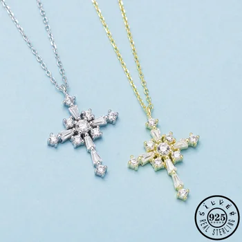 

925 Sterling Silver Cubic Zircon Cross Shape Pendant Statement Gold Color Plated Chain CZ Necklaces Fine Jewelry for Women
