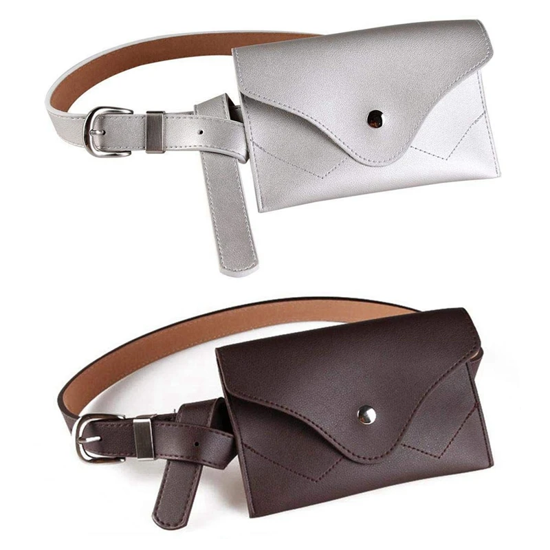 

BEAU-2Pcs Women Fanny Pack, PU Leather Fanny Pack with Removable Belt Waist Pouch Fashion Girls Belt Bum Fanny Bag Coffee & Silv