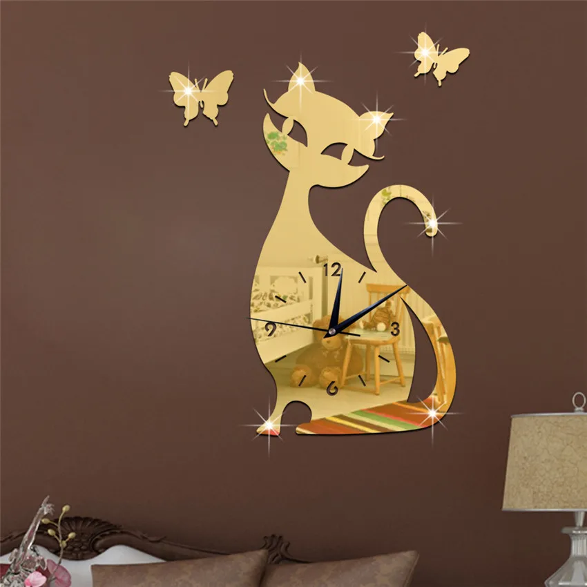 Acrylic Mirror Wall Clock Cartoon Cat Pointer Clock Watch Office Living Room Wall Mounted Clocks Decoration часы настенные