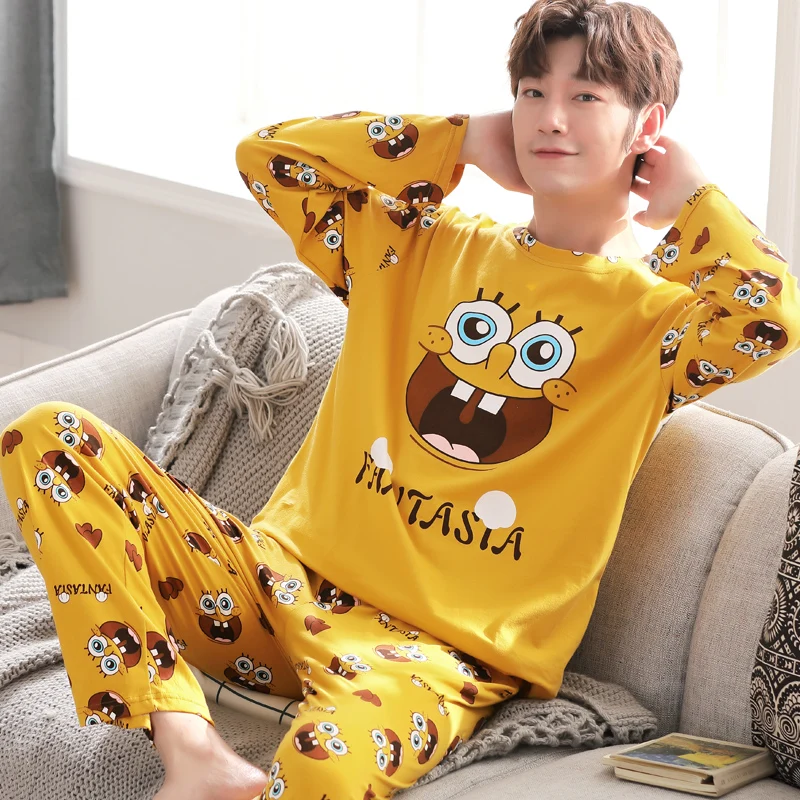 Yidanna Men Pajamas Set Cotton Sleepwear Cartoon Print Nightwear Long Sleeved Sleep Clothing Casual Nighties Autumn Male Lounge