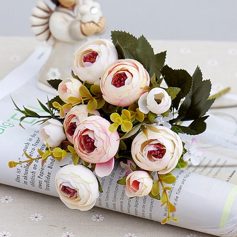 Европейские винтажные Искусственные Шелковые Чайные розы, 6 головок, 4 маленьких бутона, букет для свадьбы, дома, искусственные в стиле ретро, вечерние цветы, украшение своими руками