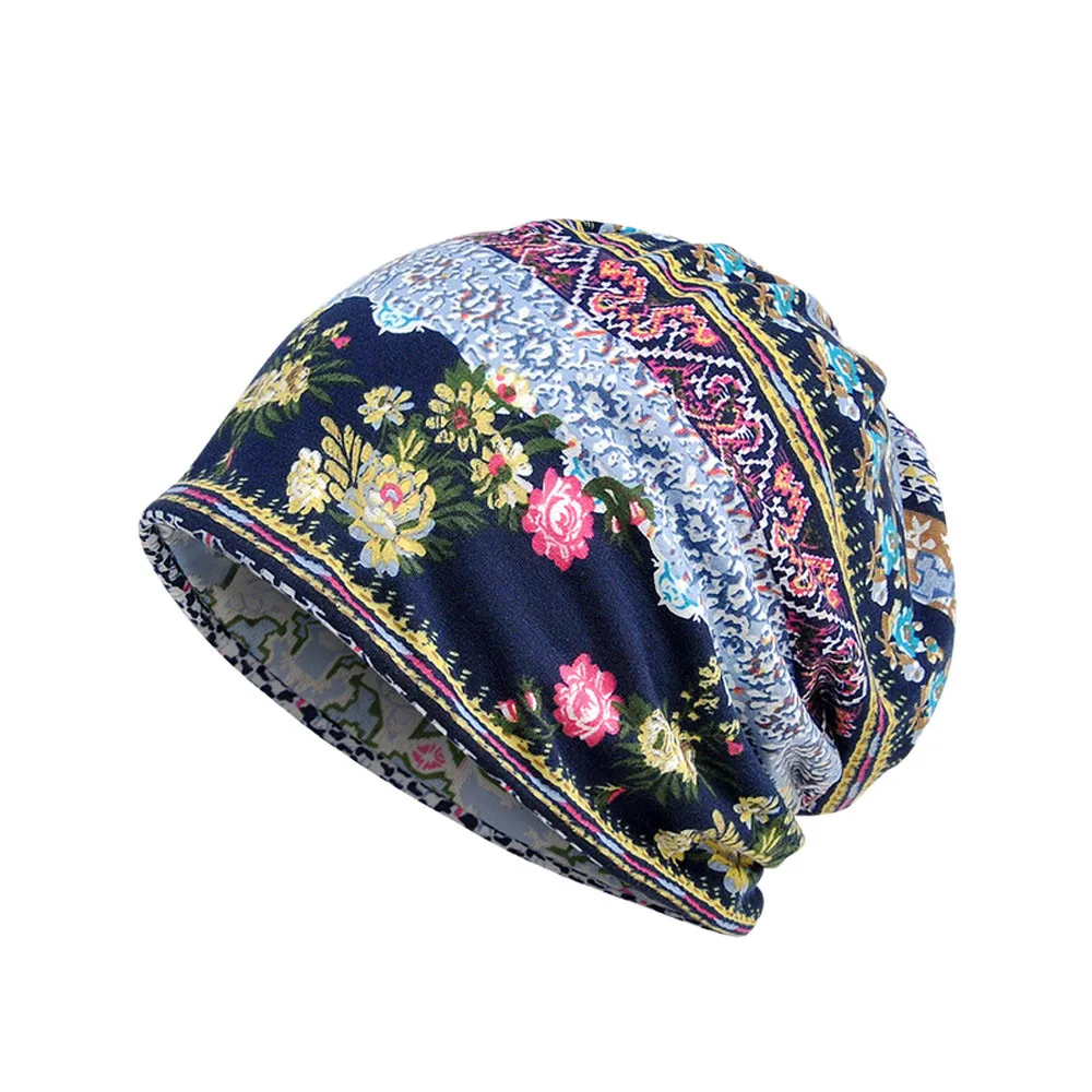 Унисекс шапка с принтом женские цветочные печати шапки Хемо шапка шарф воротник тюрбан, повязка на голову шапка с хвостом капелуш дамск# T1P - Цвет: Blue