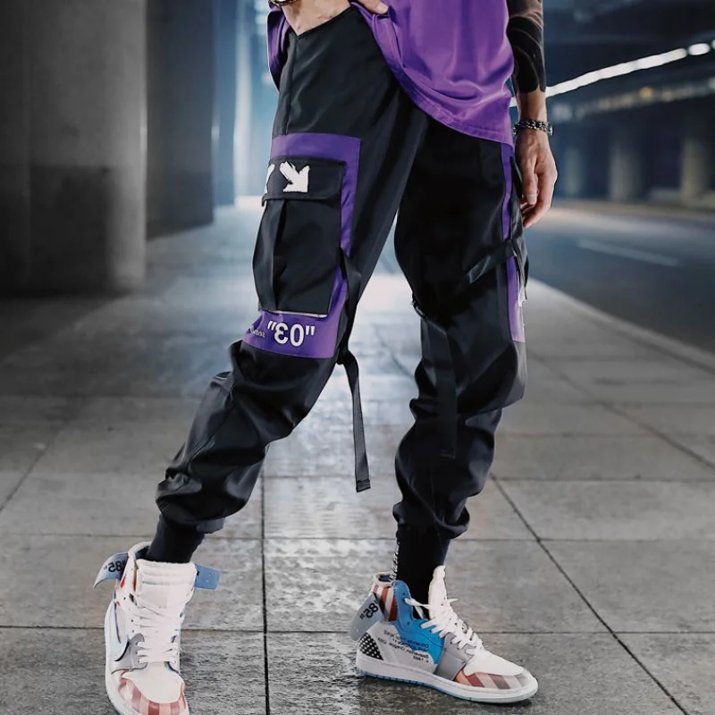Hip Hop Ribbons Cargo Pants Men Joggers Pants Streetwear Men Fashion Mens Elastic Waist Pant Ribbons Cotton Black