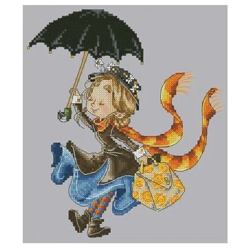 

11/14/18/27/22/25/28CT Cute Lovely Counted Cross Stitch Kit Little Girl holding the umbrella Wear a scarf handbag Happy stroll