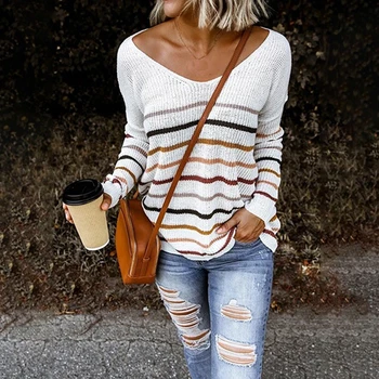 

2020 Basic Deep V Striped Solid Autumn Winter Sweater Pullover Women Female Knitted Sweater Long Sleeve Bodycon Sweater Pullover
