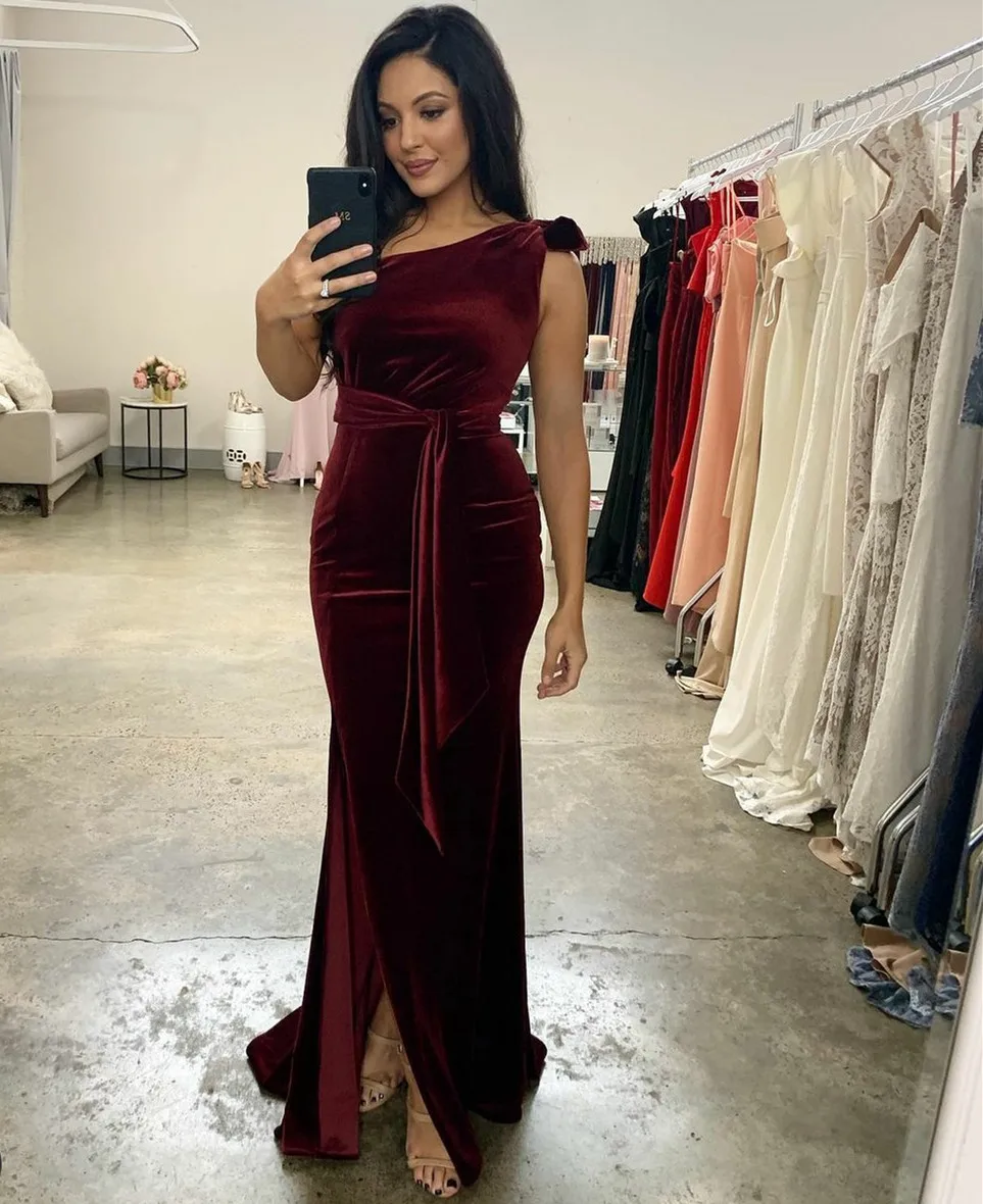 

Elegant Long Velvet Evening Dresses with Slit One Shoulder Prom Gowns Robes de soirée Floor Length Party Dresses Вечерние платья