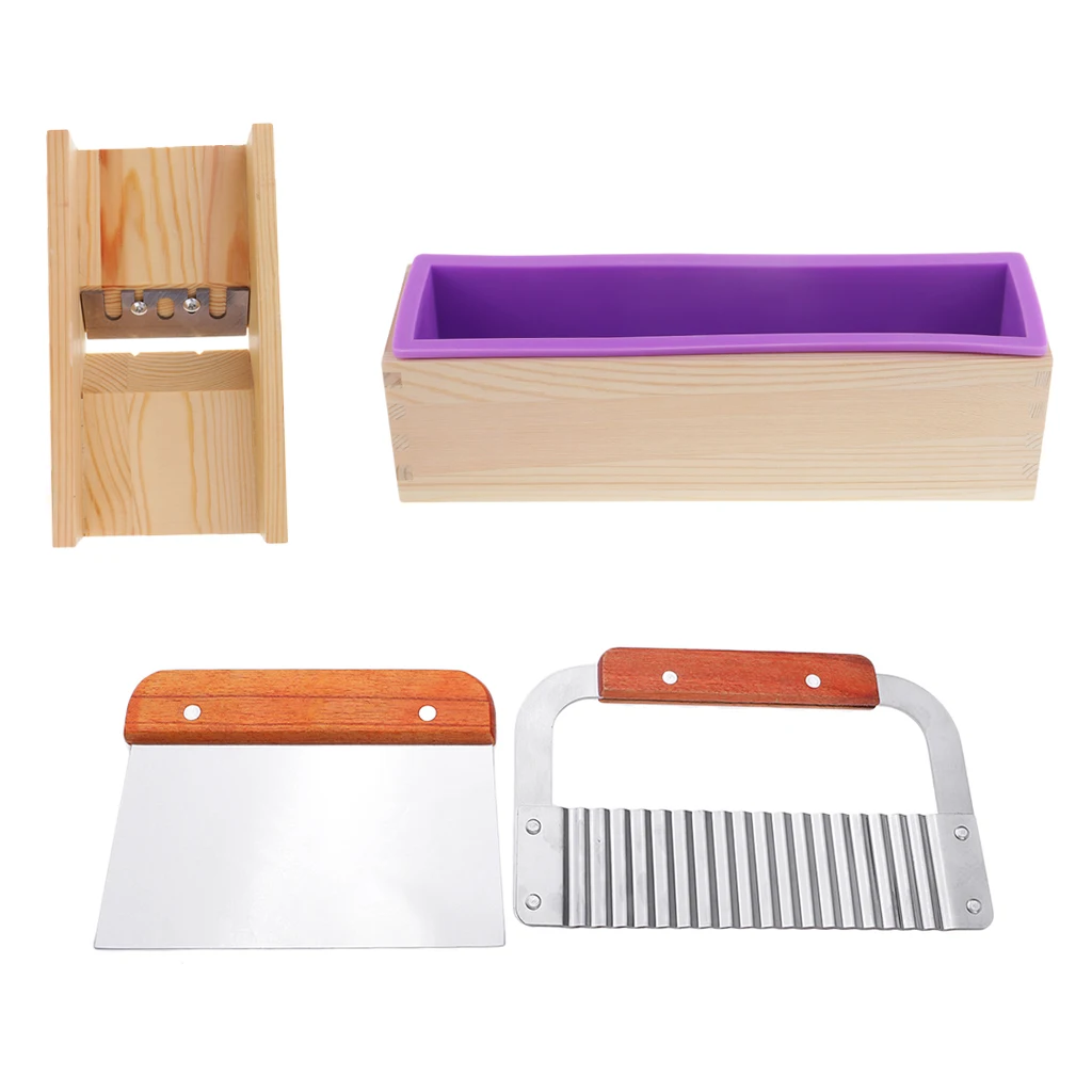 4pcs Soap Cutting Making Molds Kit, Rectangle Silicone Mold+Wood Box+1Pcs Wooden Beveler Planer+2x Mixed Stainless Steel Cutter
