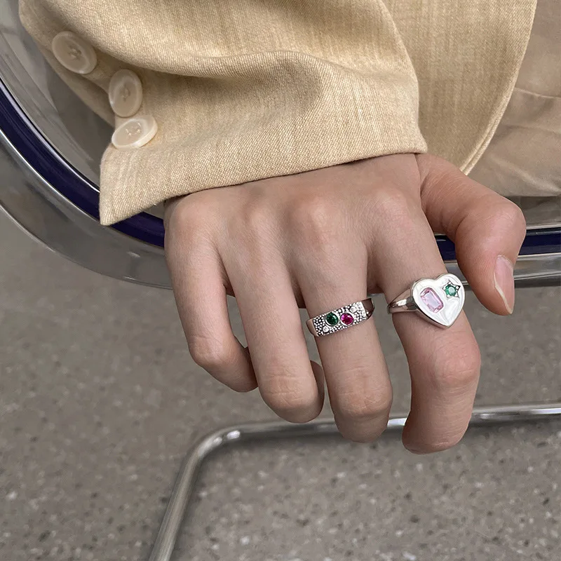 925 Sterling Silver Personality Wide Rings Colored Zircon /Drop Glaze/Irregular Ring Open Adjustable Trend Wild Boy Girl Hand Je | Украшения