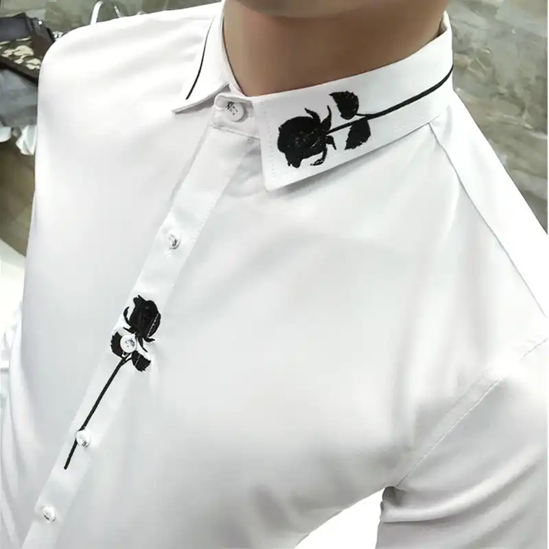 高級ブランドメンズローズ刺繍シャツ春と秋の新ファッションスリムドレスシャツメンズ白黒人男性トップカミーサ タキシードシャツ Aliexpress